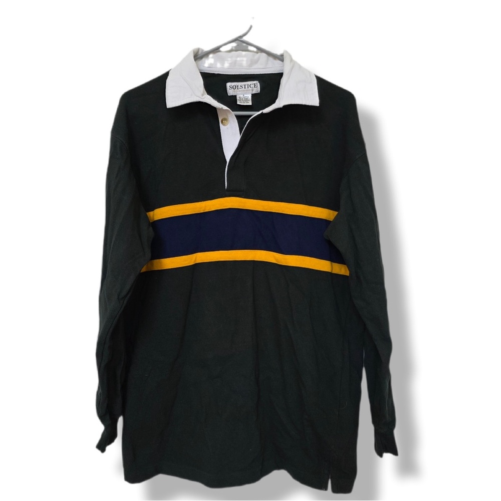 ⭐️ 3/35 Vintage Striped Dark Green Rugby Polo Long sleeve Cotton Shirt Small